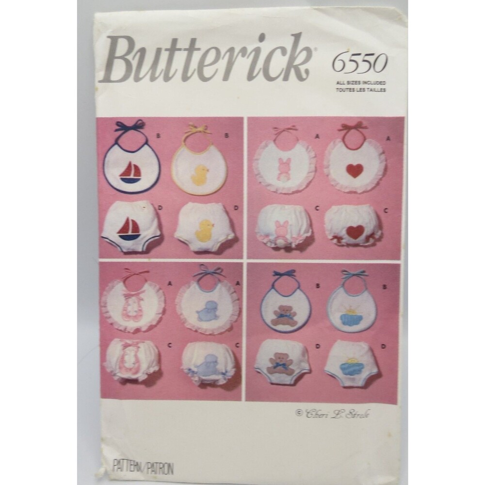 Butterick 6550 Infant Baby Bibs Diaper Covers Appliques Newborn-XL Vintage 1992